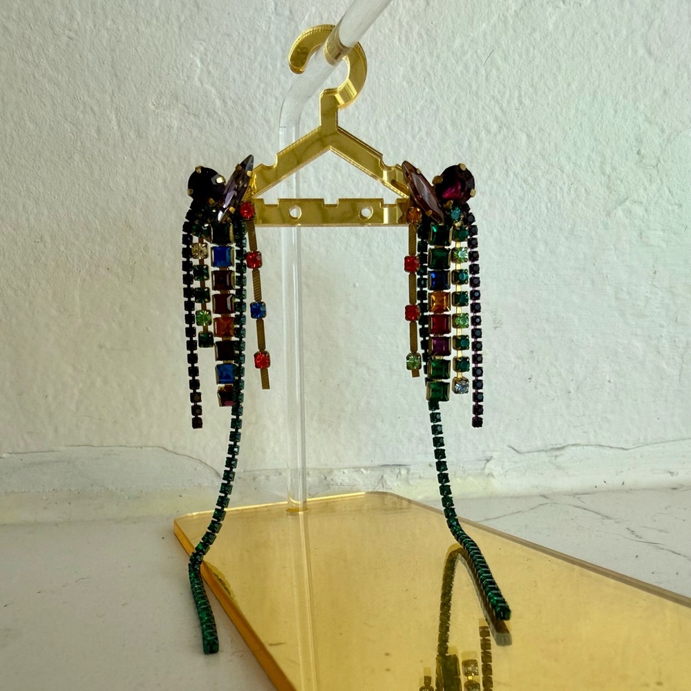 Colorful Gemstone Statement Waterfall Earrings - image 3
